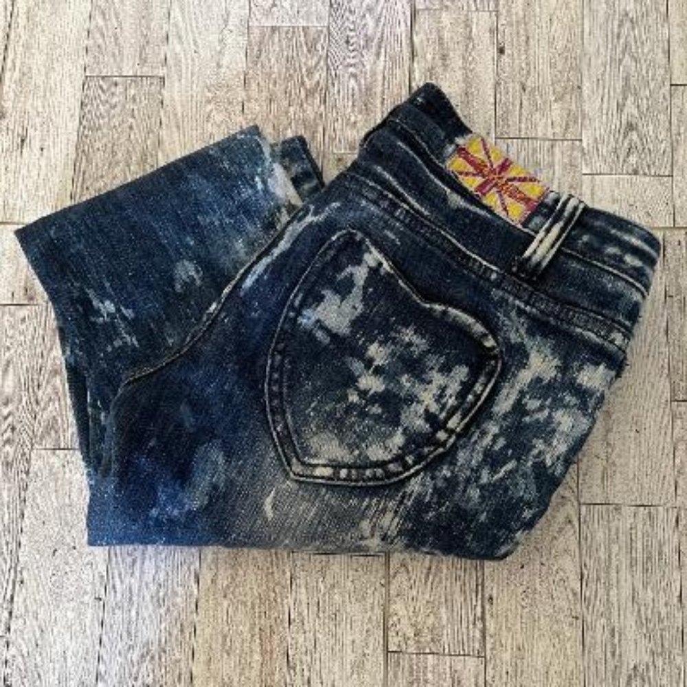 Machine Jeans, size 28, heavy acid wash and machine distressed, heart pockets